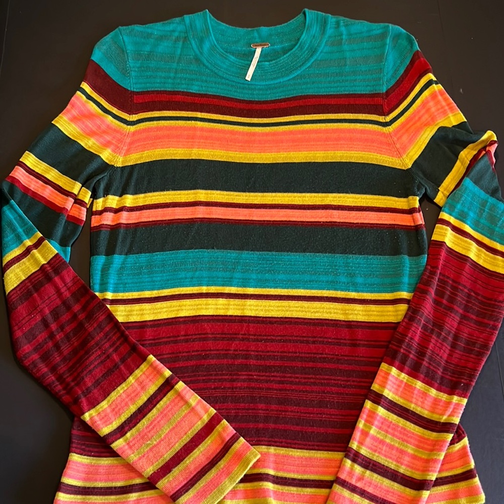 Free People fine-gauge multicolor striped rayon crewneck sweater-minor pilling - Picture 2 of 10